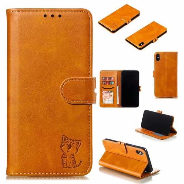 Etui til Samsung S20 FE gul Preget Glad Katt Skinn Solid Kortinnlegg