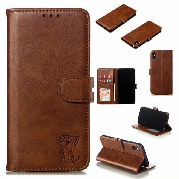 Etui til Samsung S21 PLUS/S30 PLUS brun preget glad katt skinn solid kortinnsats