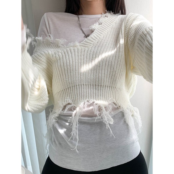 Kvinder Strik Efterår Vinter Sweater Korean Wear Løs Rippet kvast V-hals Langærmet White 73*33*114cm