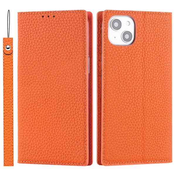 Fodral för iPhone15 orange stöldskyddsborste lycheeläder