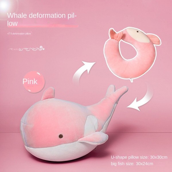 Mjuk bekväm resekudde Gul katt U-formad kudde 2-i-1 skumpartiklar Tecknad dubbel användning Pink Whale 28*28cm
