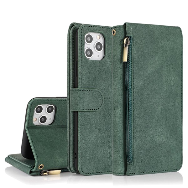 Etui til iPhone 14 Pro Max Grøn hudfølelse lynlås læder multi funktion kort slot pung