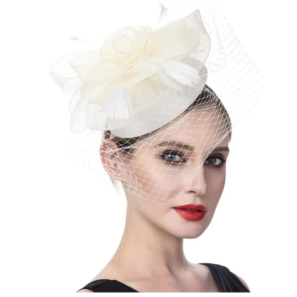 Kvinnor Flickor Mesh Fascinators Hatt Cocktailparty Pannband Huvudstycke Bröllopsmössa Beige One Size