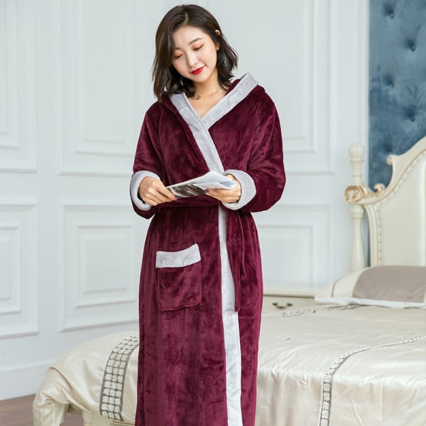 Forlænget morgenkåbe til kvinder vinterflanel tyk badekåbe Coral Fleece pyjamas til kvinder wine red XXL coat length 140cm