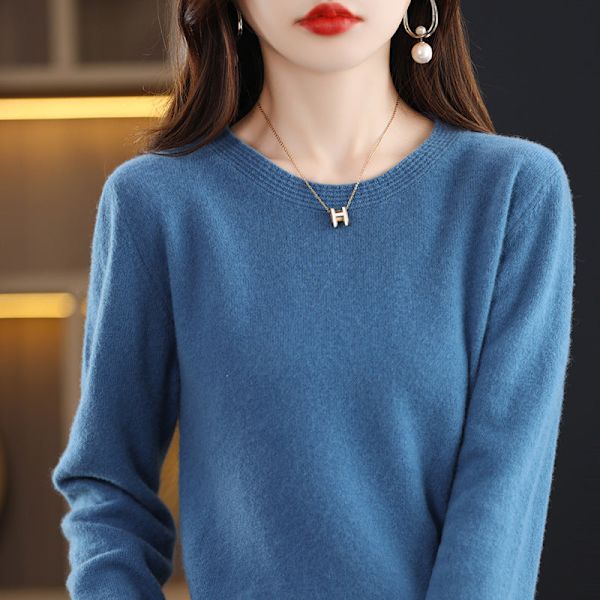 Damestrik efterår vinter sweater hestesko rund hals indvendig base skjorte ensfarvet løs Seaweed blue 59*59*100cm