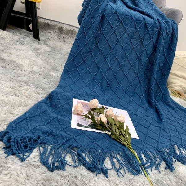 Nap Blanket Sofa Cover Strikket Tæppe B & B Bed Runner Nap Blanket Bed Runner Sjal Tæppe Dark Blue 130 * 230cm (including tassels)