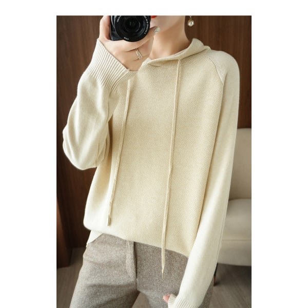 Strik til kvinder efterår vinter sweater hætte koreansk stil ensfarvet hættetrøje hættetrøje cardigan frakke Beige M