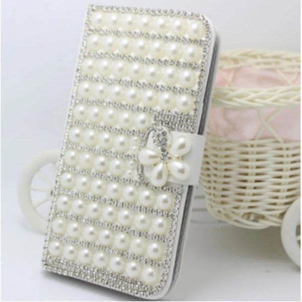 Etui til iPhone 14plus Fuld Skærm Perlehvidt Læder Fuldt Rhinestone Kort Slot