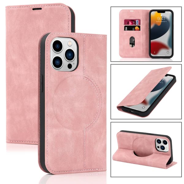 Fodral för iPhone 13 Mini stöder magnetisk trådlös laddning rosa kortplats plånbok laddning s