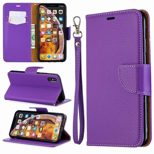 Etui til iPhone 13 Pro lilla lychee tekstur solidt læder kort slot flip