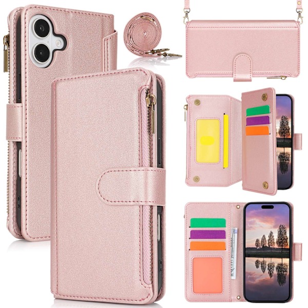 Kotelo iPhone 14/13:lle, vaaleanpunainen vetoketjullinen laukku, crossbody-nahkalompakko