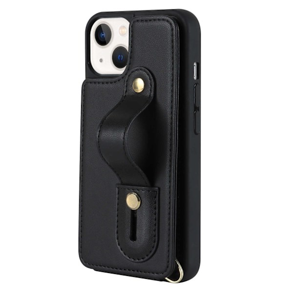 Etui til iPhone 13 6.1 sort uden lanyard crossbody håndledsrem dobbelt spænde kort slot læder