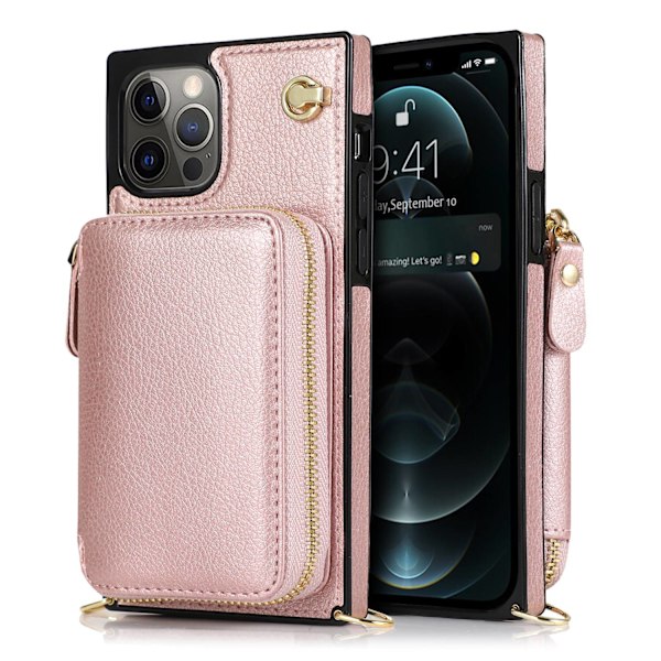 Fodral för iPhone 13 6.1 roséguld dragkedja läder multifunktionell plånbok crossbody