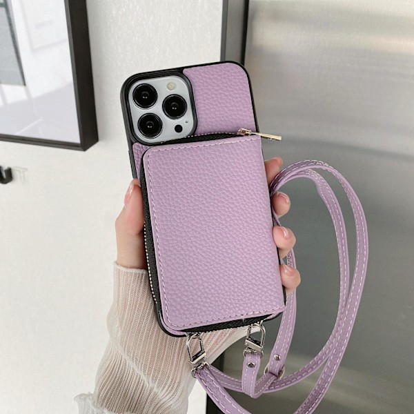 iPhone 16plus -kotelo, litsikuvio, täysi vetoketju, korttipidike, kaulanauha, violetti, japanilainen ja korealainen dia