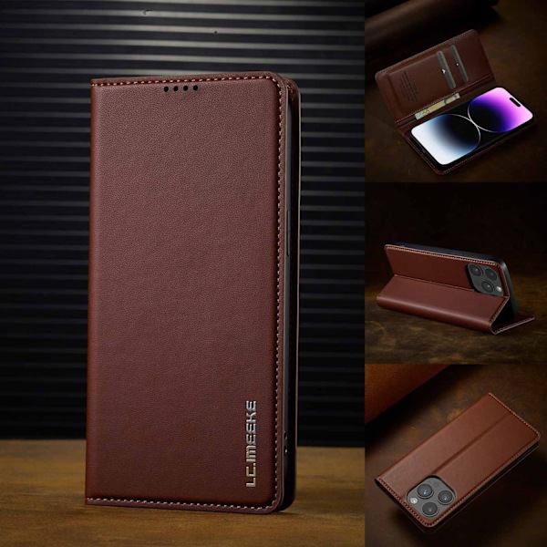 Fodral för iPhone 13 Pro Max brun magnetisk läder flip kortplats