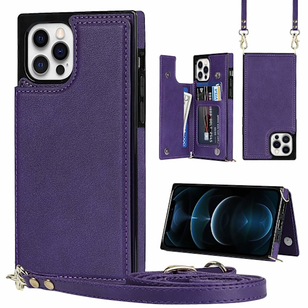 Etui til iPhone 13 6.1 lilla crossbody dobbelt spænde kortholder med snor