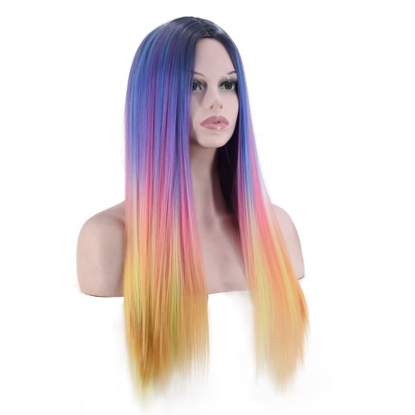 Kvinner parykk Regnbue Fire-Color Farget Gradient Langt rett hår Mote W516