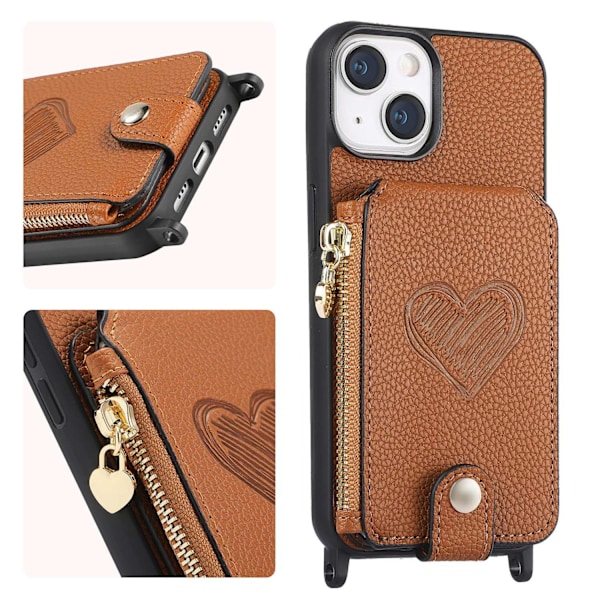 Fodral för iPhone 14 Pro Max brun med lång snodd lychee mönster kärlek korthållare crossbody fashi