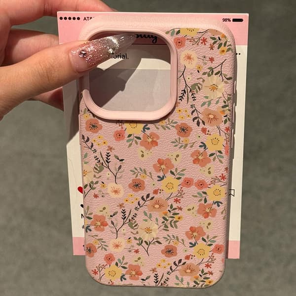 Etui til iPhone 14 Pro Max, små blomstergrene, lychee-mønster, sandpulver, klart læder, medium