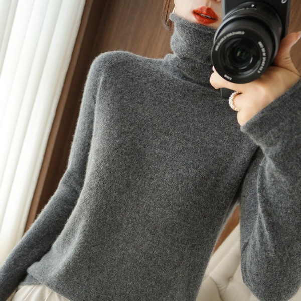 Kvinnor Stickat Höst Vinter Tröja Pullover Pile Krage Slim Fit Slimming Top All-Matching Base Gray M