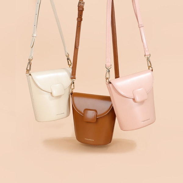 Women leather handbag bucket leather mobile phone bag crossbody high-end sense niche design bag Beige