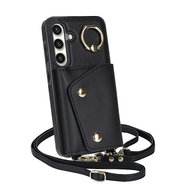 Etui til iPhone16 sort crossbody multi kort ring moderigtig multi funktion kortholder