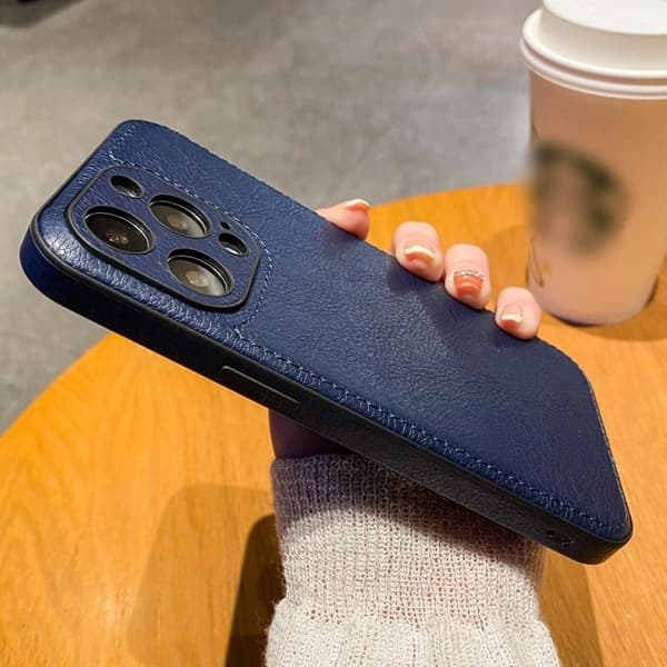 Etui til iPhone16pro mørkeblå K1a \"solid leather Case\" business retro rundt hull missing lab