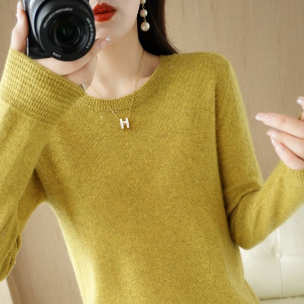 Damestrik efterår vinter sweater hestesko mønster rund hals langærmet trøje Enkel Mustard yellow S