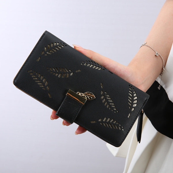 Kvinder pung møntpung Lange koreanske clutch blade hule PU læder clutch lynlås kortholder Black