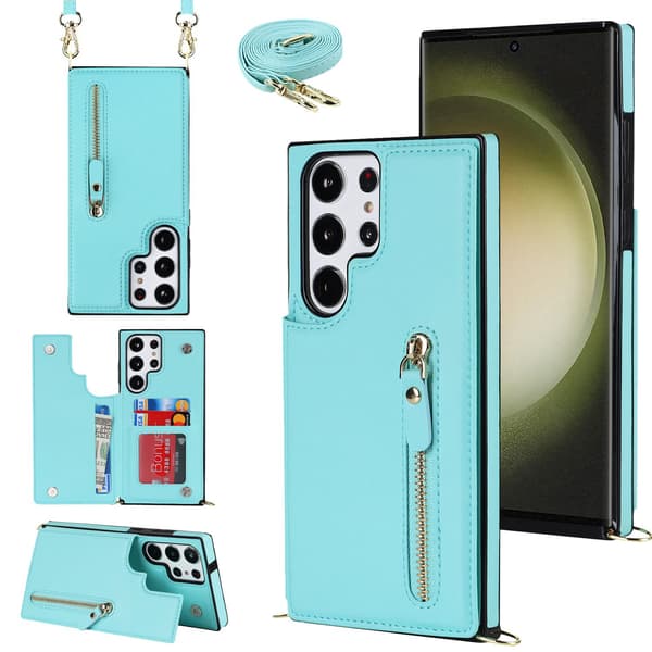 Etui til iPhone 15 Pro, blått, dobbel spenne, glidelås, kortholder, crossbody, solid, anti-fall