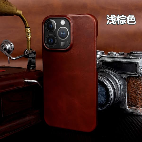 Etui til iPhone 16 Plus, lysebrunt high-end læder