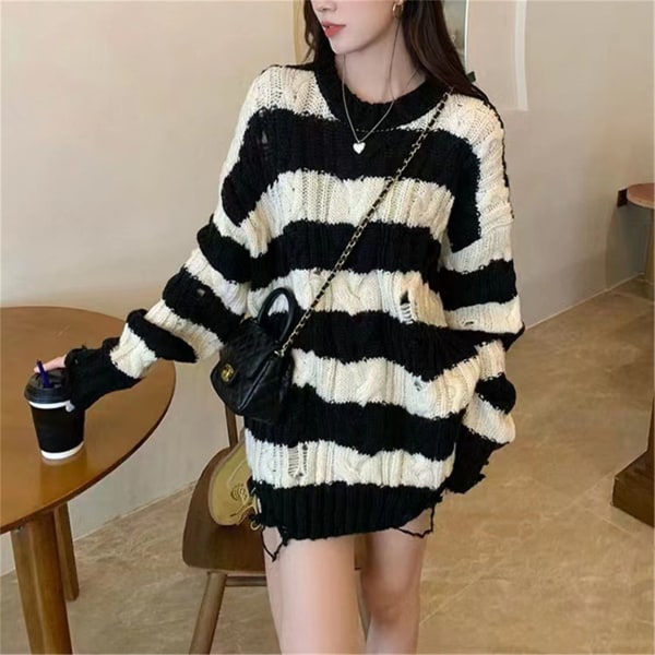 Kvinder Strik Efterår Vinter Sweater Hole Pullover Stripe Løstsiddende overtøj Top Black White 65cm< length ≤80cm