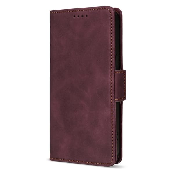 Etui til iPhone 14 Pro Max, vinrød sideklips, hudfølelse, lær, ensfarget side