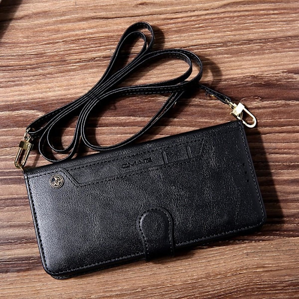 Etui til iPhone 15 Pro Max sort [lang snor] Multi-kort læder flip-kortslot crossbody