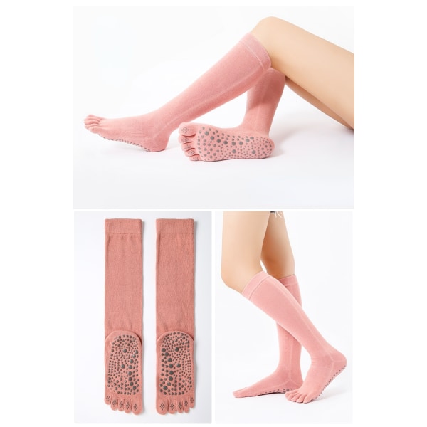 4 par dame ensfarvet mellemlægslængde bomuld fitness femfinger sokker dispensering skridsikre yogasokker Pink