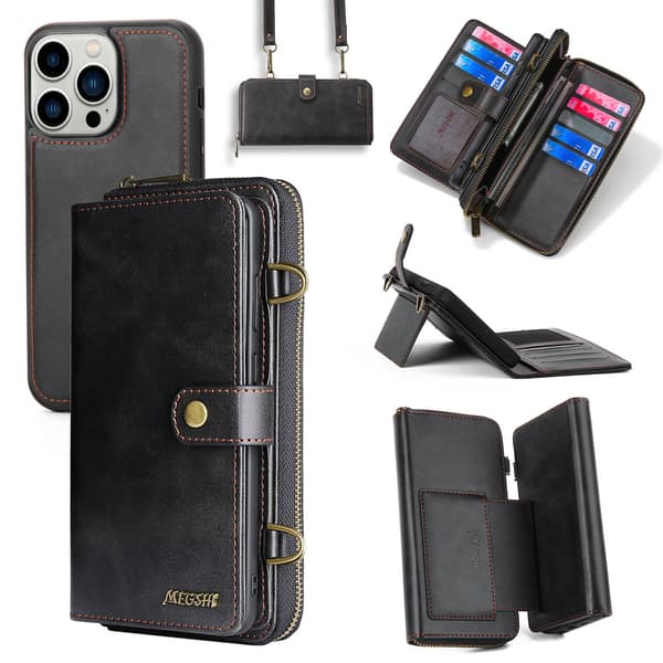 Etui til iPhone 13 sort læder crossbody multifunktionel pung
