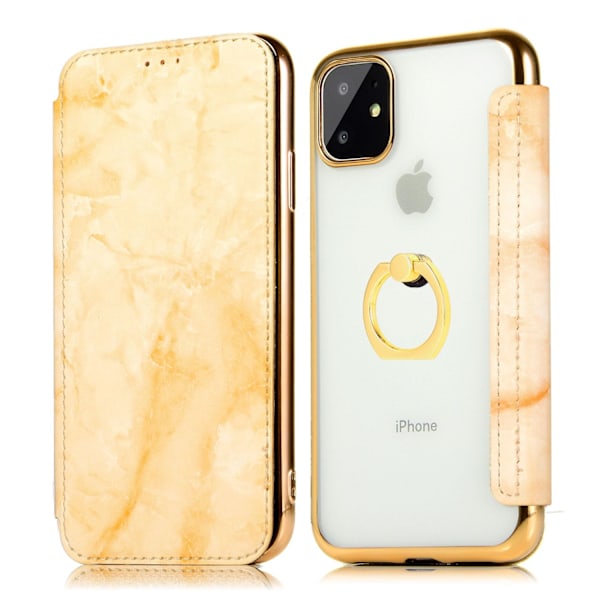 Skal för iPhone 14 6.1 guldring marmor läder elektropläterad