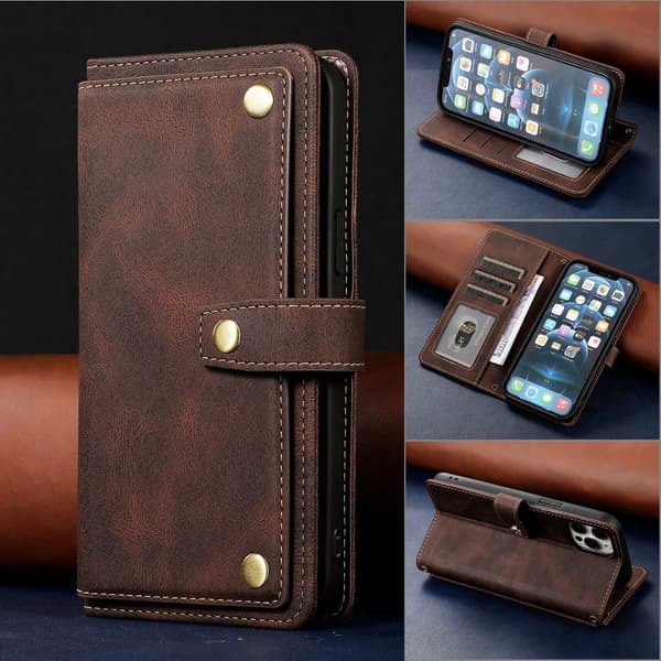Fodral för iPhone15plus Brun retro läder flip multifunktionellt kortfack