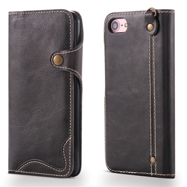 Etui til iPhone 14max sort vokset læderarmbånd
