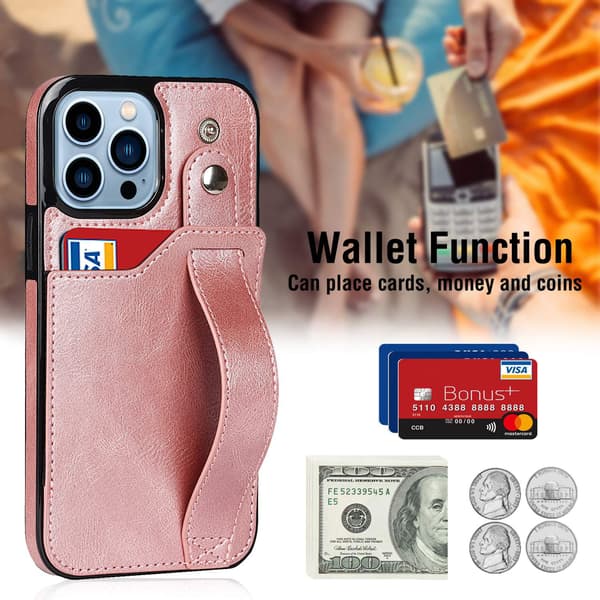 Fodral för iPhone15 rosa baksida handledsband kortplats läder