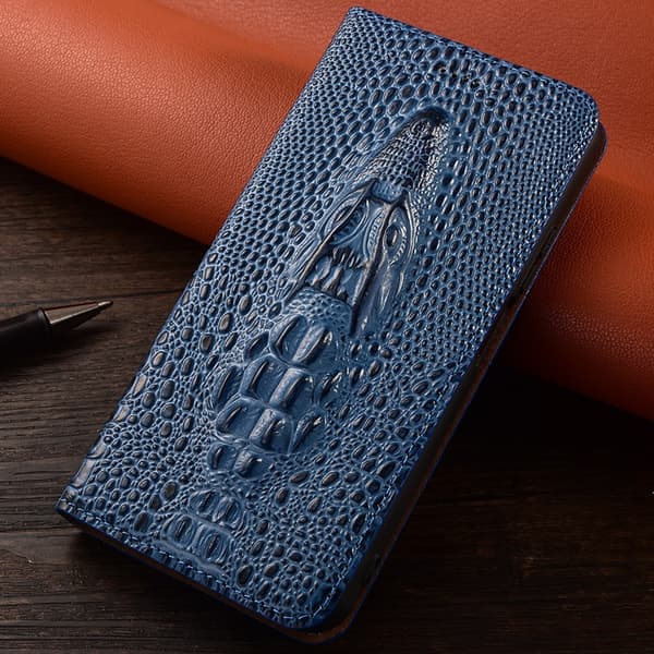 Fodral för iPhone 14 Alligator Head Mörkblått Läder Flip