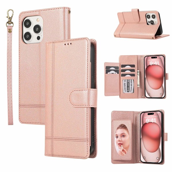 Fodral för iPhone 16 Plus roséguld läder flip kortplats Ryssland