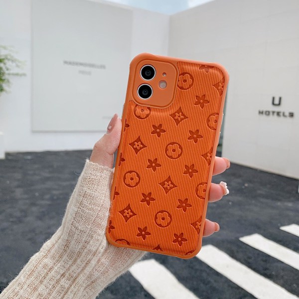 Fodral för iPhone 14pro Orange trendigt märke gammal blomma klistermärke läder mjukt
