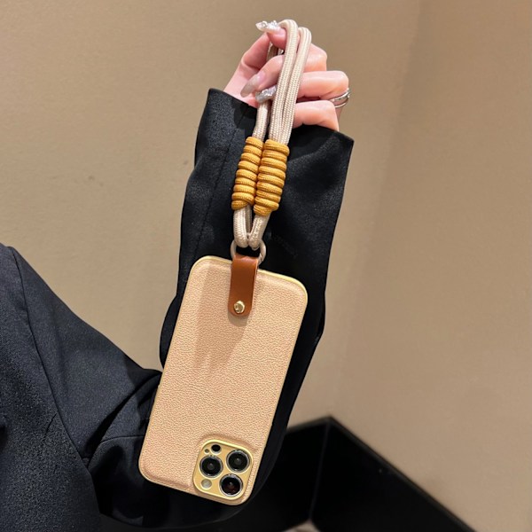 Fodral för iPhone 14PLUS Khakifärgat läder ljusbrunt armband liten skolväska crossbody