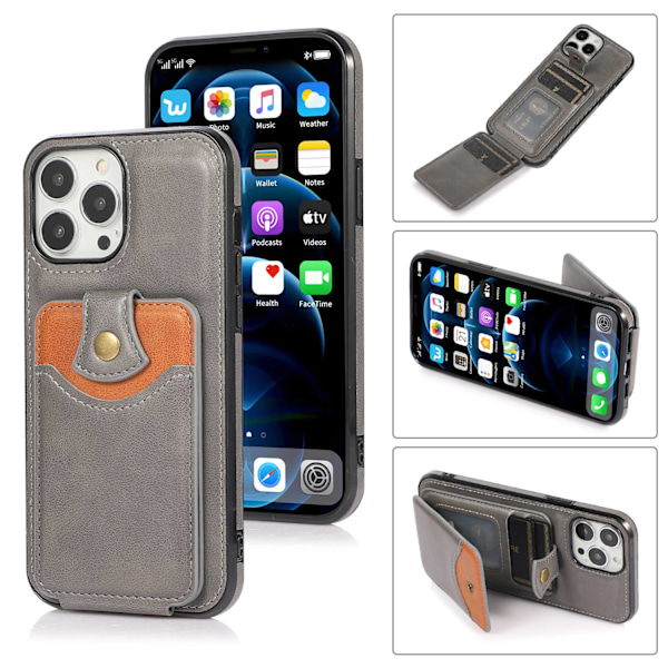 Etui til iPhone 14 grå kortholder colorblock pung business læder