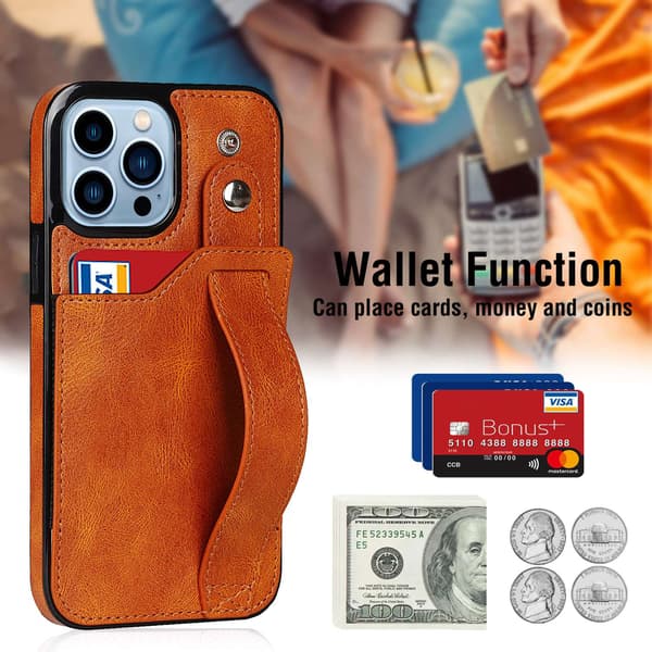 Fodral för iPhone 16 Plus orange baksida handledsband kortplats läder