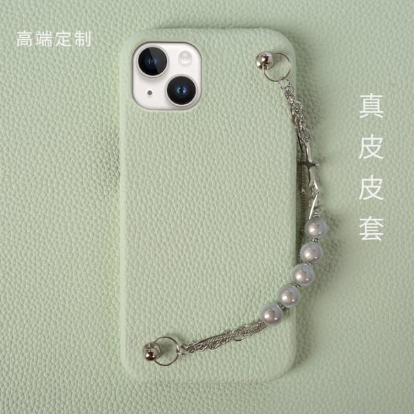 Etui til iPhone 15 Pro Max, mintgrønt læder, halv cover, kæde til diagonal ophængning