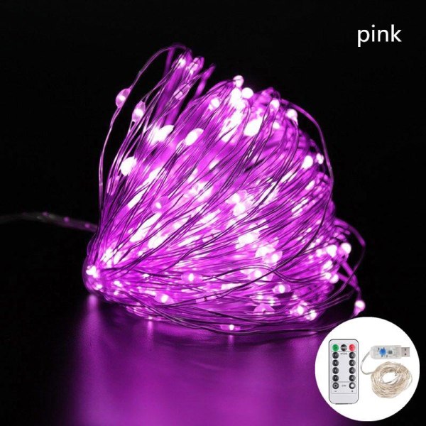 5/10/20m vandtæt fjernbetjening Fairy Lights USB-drevet til juletræsdekoration Pink 20M
