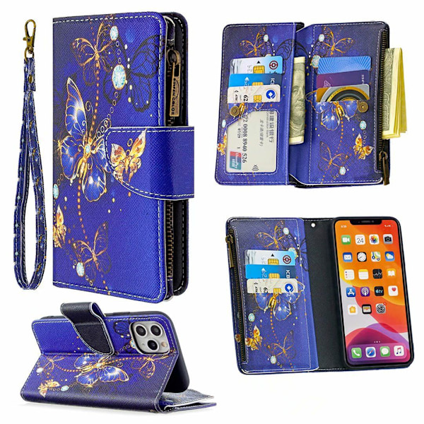 Fodral för iPhone 13 Mini Lila Fjäril Målad Dragkedjeväska Multifunktion Plånbok Läder Kortplats