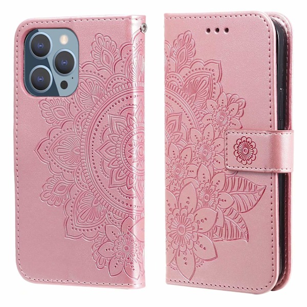 Etui til iPhone15PROMAX pink mandala læder kortholder flip stand